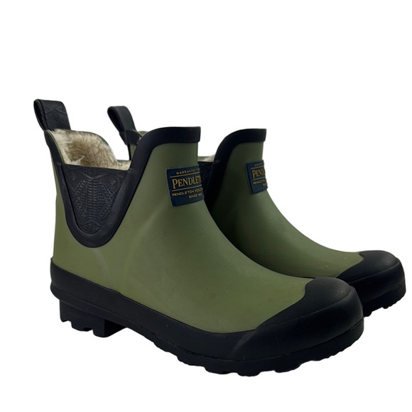 Pendleton Olive and Black Faux Fur Rain Rubber Ankle Boots - Picture 1 of 10
